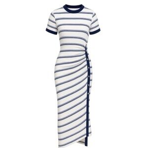1139 • Asymmetrical Raw Edge Dark Denim Trimmed White & Blue Striped Knit Dress